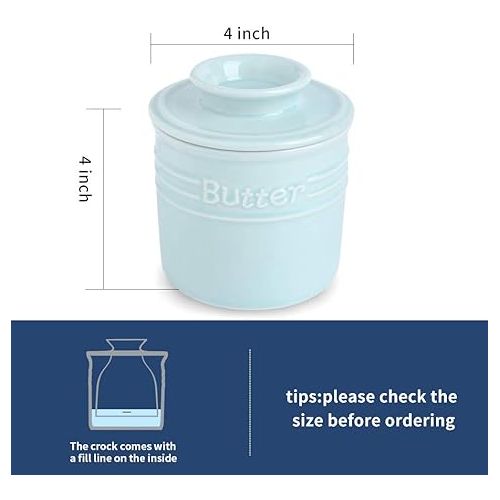  Porcelain Butter Crock, French Butter Dish, Ceramic Butter Keeper for Counter, Big Capacity, Elegant Blue Collection (Sky)