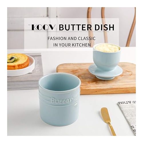  KOOV Porcelain Butter Crock, French Butter Dish, Ceramic Butter Keeper for Counter, Big Capacity, Elegant Blue Collection (Sky)
