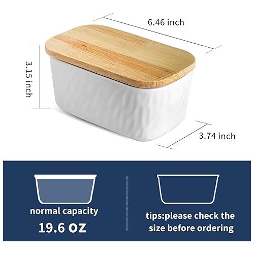  KOOV Porcelain Large Butter Dish with Lid for Countertop, Airtight Butter Container with Oak Lid, Butter Crock, Perfect for 2 Sticks of Butter, Texture Series (White)