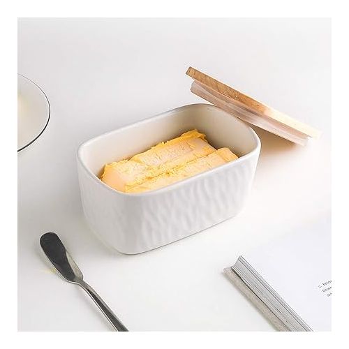  KOOV Porcelain Large Butter Dish with Lid for Countertop, Airtight Butter Container with Oak Lid, Butter Crock, Perfect for 2 Sticks of Butter, Texture Series (White)