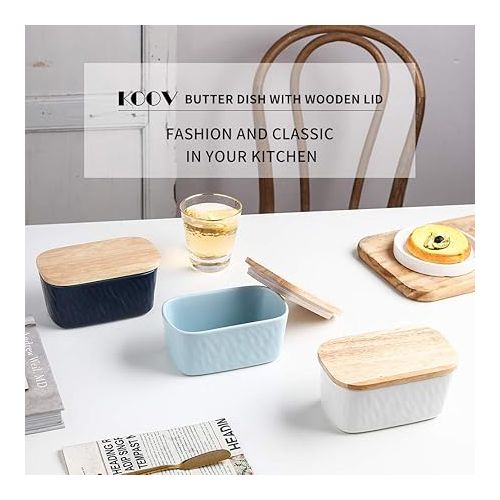  KOOV Porcelain Large Butter Dish with Lid for Countertop, Airtight Butter Container with Oak Lid, Butter Crock, Perfect for 2 Sticks of Butter, Texture Series (White)