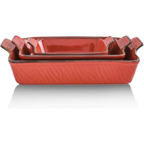  KOOV Bakeware Set, Ceramic Baking Dish Set, Rectangular Casserole Dish Set, Lasagna Pans for Cooking, Cake Dinner, Kitchen, 9 x 13 Inches, Texture Series 3-Piece (3 Piece, Cherry)