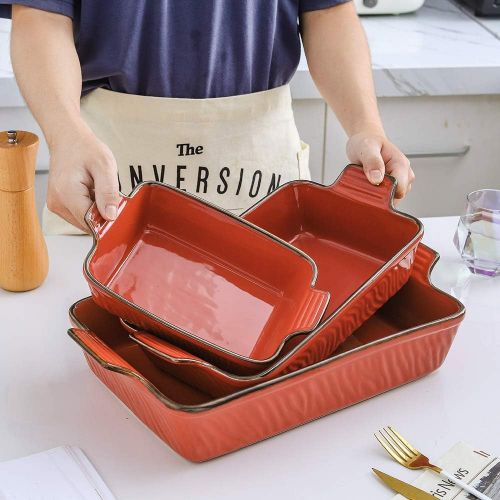  KOOV Bakeware Set, Ceramic Baking Dish Set, Rectangular Casserole Dish Set, Lasagna Pans for Cooking, Cake Dinner, Kitchen, 9 x 13 Inches, Texture Series 3-Piece (3 Piece, Cherry)