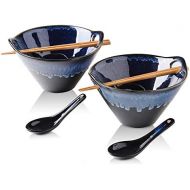 [아마존베스트]KOOV Porcelain Ramen Bowls and Spoons Set of 2 - Japanese Ramen Noodle Bowl with Chopsticks and Spoons, 26 Ounce Deep Pho Bowl, Reactive Glaze (Blue Galaxy)