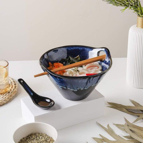  [아마존베스트]KOOV Porcelain Ramen Bowls and Spoons Set of 2 - Japanese Ramen Noodle Bowl with Chopsticks and Spoons, 26 Ounce Deep Pho Bowl, Reactive Glaze (Blue Galaxy)