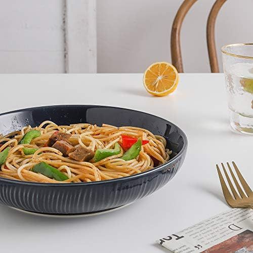  [아마존베스트]KOOV Ceramic Pasta Bowls Set of 4, 30 OZ Large Salad Bowls, Salad Serving Bowls, Soup Bowl Set, Ceramic Bowls Irregular Striped Series (Aegean)
