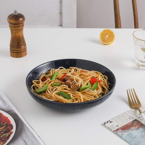  [아마존베스트]KOOV Ceramic Pasta Bowls Set of 4, 30 OZ Large Salad Bowls, Salad Serving Bowls, Soup Bowl Set, Ceramic Bowls Irregular Striped Series (Aegean)