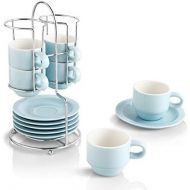 [아마존베스트]KOOV Porcelain Stackable Espresso Cups Set, Coffee Set with Saucers and Metal Stand, 2.5 Ounce Coffee Cup Set of 6 (Pale Blue)