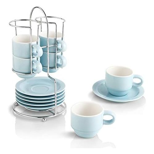  [아마존베스트]KOOV Porcelain Stackable Espresso Cups Set, Coffee Set with Saucers and Metal Stand, 2.5 Ounce Coffee Cup Set of 6 (Pale Blue)