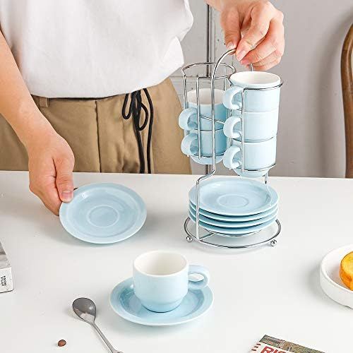  [아마존베스트]KOOV Porcelain Stackable Espresso Cups Set, Coffee Set with Saucers and Metal Stand, 2.5 Ounce Coffee Cup Set of 6 (Pale Blue)