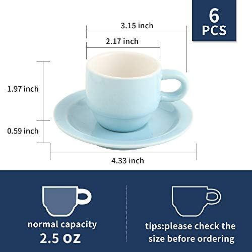  [아마존베스트]KOOV Porcelain Stackable Espresso Cups Set, Coffee Set with Saucers and Metal Stand, 2.5 Ounce Coffee Cup Set of 6 (Pale Blue)