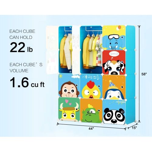  KOUSI Portable Kids Wardrobe Closet Children Dresser Hanging Storage Rack Clothes Closet Bedroom Armoire Cube Organizer Formaldehyde-Free Furniture (Blue, 8 Cubes&2 Hanging Section