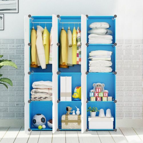  KOUSI Portable Kids Wardrobe Closet Children Dresser Hanging Storage Rack Clothes Closet Bedroom Armoire Cube Organizer Formaldehyde-Free Furniture (Blue, 8 Cubes&2 Hanging Section