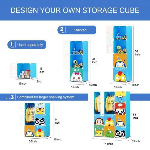  KOUSI Portable Kids Wardrobe Closet Children Dresser Hanging Storage Rack Clothes Closet Bedroom Armoire Cube Organizer Formaldehyde-Free Furniture (Blue, 8 Cubes&2 Hanging Section