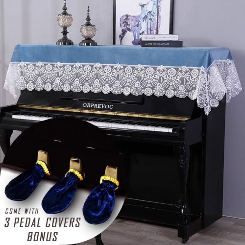  [아마존베스트]NANA Upright Piano Cover Cloth Made of Decorative Dust-proof Velvet Lace Fabric 35 x 86 Blue with 3 Pedal Covers