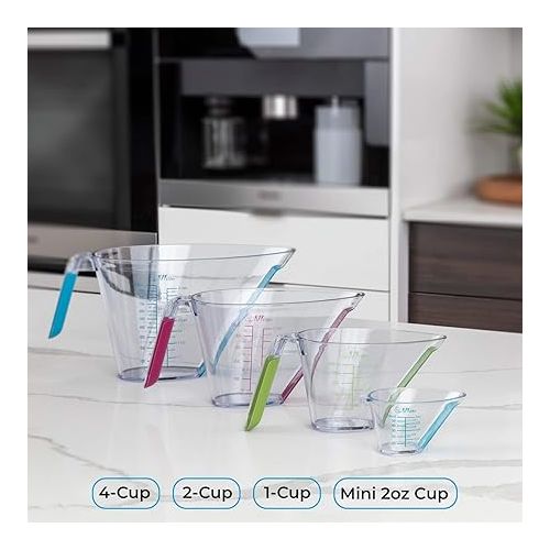  4-Piece Angled Liquid Measuring Cups Plastic Set - Mini Oz, 1, 2 and 4 Plastic Measuring Cup Sizes - Plastic Measuring Cups For Liquids with ML & Cups Measures - KPKitchen Small & Large Measure Cup