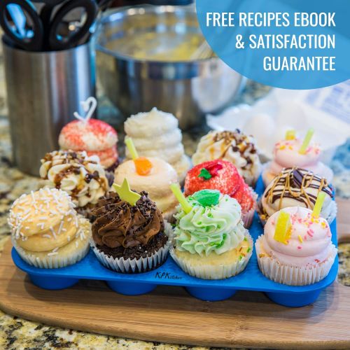  [아마존베스트]KPKitchen Silicone Muffin & Cupcake Baking Pan 12 Cup - Free Paper Muffin Cups +eBook - Non Stick, BPA Free, 100% Silicon & Dishwasher Safe Bakeware Pans/Tin - Blue Kitchen Rubber Tray & Mol