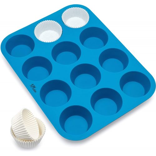  [아마존베스트]KPKitchen Silicone Muffin & Cupcake Baking Pan 12 Cup - Free Paper Muffin Cups +eBook - Non Stick, BPA Free, 100% Silicon & Dishwasher Safe Bakeware Pans/Tin - Blue Kitchen Rubber Tray & Mol