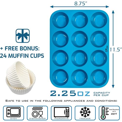  [아마존베스트]KPKitchen Silicone Muffin & Cupcake Baking Pan 12 Cup - Free Paper Muffin Cups +eBook - Non Stick, BPA Free, 100% Silicon & Dishwasher Safe Bakeware Pans/Tin - Blue Kitchen Rubber Tray & Mol