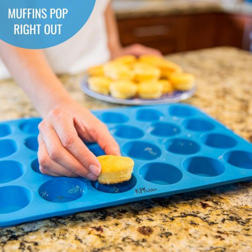  [아마존베스트]KPKitchen Silicone Muffin & Cupcake Baking Pan 12 Cup - Free Paper Muffin Cups +eBook - Non Stick, BPA Free, 100% Silicon & Dishwasher Safe Bakeware Pans/Tin - Blue Kitchen Rubber Tray & Mol