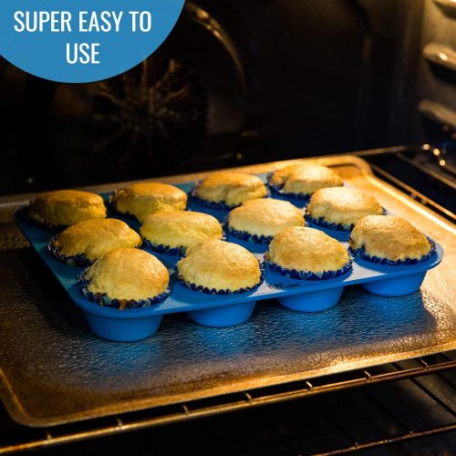  [아마존베스트]KPKitchen Silicone Muffin & Cupcake Baking Pan 12 Cup - Free Paper Muffin Cups +eBook - Non Stick, BPA Free, 100% Silicon & Dishwasher Safe Bakeware Pans/Tin - Blue Kitchen Rubber Tray & Mol