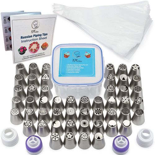  KPKitchen Russian Piping Tips Set 105 Pcs - 50 Numbered Frosting Nozzles & Instruction Sheet - 50 Pastry Bags & 4 Couplers - Cake, Cupcake & Baking Decorating Supplies Kit For Flower Shaped