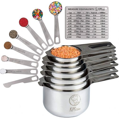  KPKitchen Stainless Steel Measuring Cups and Spoons Set: 7 Cup and 7 Spoon Metal Measure Sets of 14 Piece for Dry & Liquid Measurement - Kitchen Gadgets & Utensils for Cooking Food & Baking