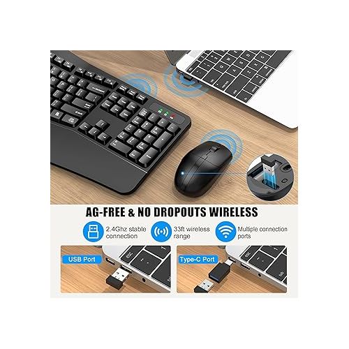  Wireless Keyboard and Mouse, wireless ergonomic keyboard and mousewith Wrist Rest and 3 Level DPI Adjustable Wireless Mouse for Windows/MacOS, Desktops/Laptops