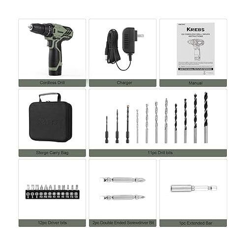  KREBS Cordless Drill Set, 12V Power Drill Set with 1.5Ah Battery & Fast Charger, 3/8-Inch Keyless Chuck 245 In-lbs 2 Variable Speed 18+1 Torque Setting with LED Electric Drill Set