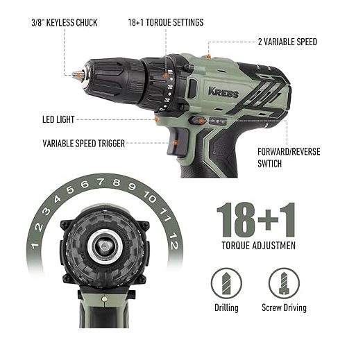  KREBS Cordless Drill Set, 12V Power Drill Set with 1.5Ah Battery & Fast Charger, 3/8-Inch Keyless Chuck 245 In-lbs 2 Variable Speed 18+1 Torque Setting with LED Electric Drill Set