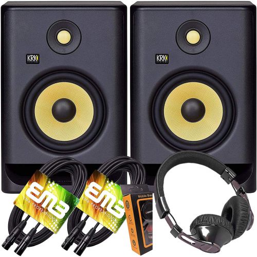  [아마존베스트]KRK Pair RP7 Rokit G4 Professional Bi-Amp 7 Powered Studio Monitor Black with Bluetooth Headphone and EMB XLR Cable and Extra Bundle M