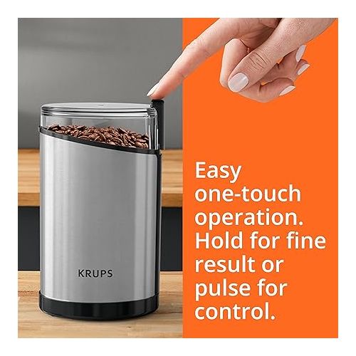  Krups Fast-Touch Stainless Steel Coffee and Spice Grinder 3oz, 85 gr bean hopper Easy to Use, One Touch Operation 200 Watts Coffee, Espresso, French Press, Spices, Dry Herbs, Nuts, 12 cups Silver