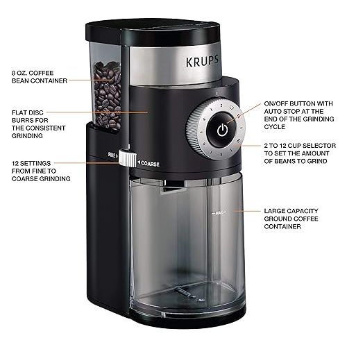  Krups Coffee Grinder, Precise Stainless Steel 8oz, 32 Cups Bean Hopper 12 Grind Settings - Fine to Coarse - 110 Watts Removable Container, Drip, Press, Espresso, Cold Brew, 2 -12 Cups Coffee Grinder