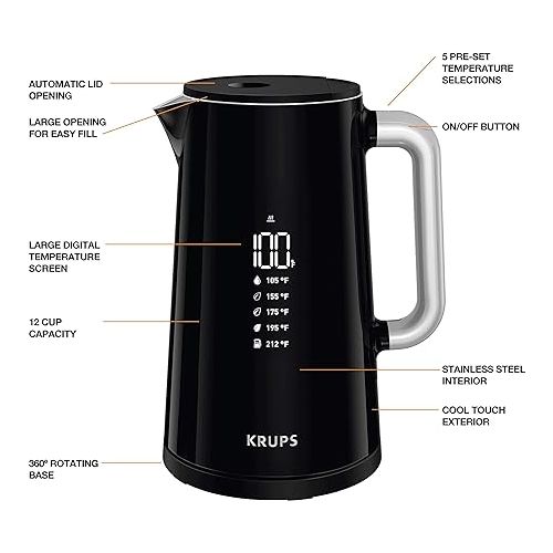  Krups Smart Temp Plastic and Stainless Steel Electric Kettle, 1.7 Liter Electric Tea Kettle, Cordless Black Temperature Control Electric Kettle