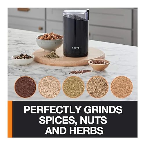  Krups One-Touch Coffee and Spice Grinder 3 Ounce Bean Hopper Easy to Use, One Touch Operation 200 Watts Coffee, Spices, Dry Herbs, Nuts, 12 Cup Black