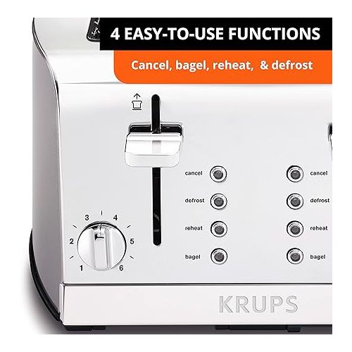  Krups Toaster Stainless Steel Toaster 4 Slice 4 Functions, Cancel, Bagel, Reheat, Defrost, 1500 watts 6 Shade Settings, Removable Crumb Tray