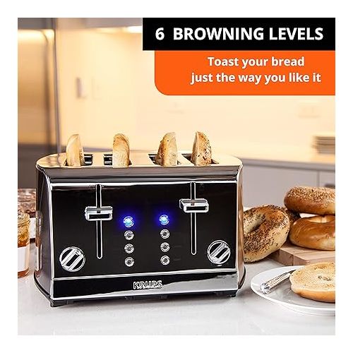  Krups Toaster Stainless Steel Toaster 4 Slice 4 Functions, Cancel, Bagel, Reheat, Defrost, 1500 watts 6 Shade Settings, Removable Crumb Tray