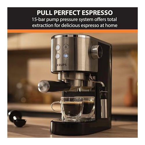  Krups, Espresso Machine, Divine Stainless Steel with Tamper 2 cups at once, Cup Warmer, Espresso Machine with Milk Frother, Easy to Eject Grounds, 1350 Watts, Cappuccino, Latte, Americano, Silver