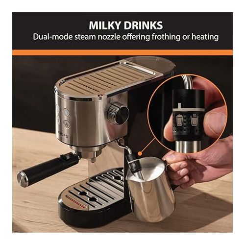  Krups, Espresso Machine, Divine Stainless Steel with Tamper 2 cups at once, Cup Warmer, Espresso Machine with Milk Frother, Easy to Eject Grounds, 1350 Watts, Cappuccino, Latte, Americano, Silver