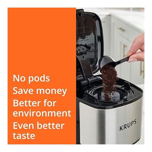  Krups Simply Brew Stainless Steel Single Serve Drip Coffee Maker and Travel Tumbler 14 Ounce Stainless Steel Tumbler Included 650 Watts Coffee Filter, Compact Silver and Black