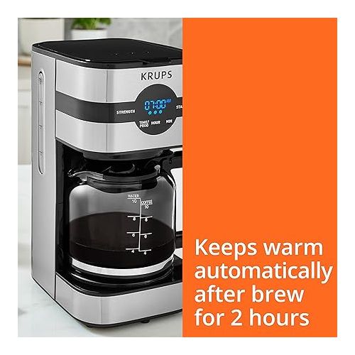  KRUPS Coffee Maker, Simply Brew: Stainless Steel and Glass Carafe 10 Cup Drip Coffee Machine, Programmable with Digital Display, Dishwasher Safe, Drip Free Coffee Machine with Coffee Filter