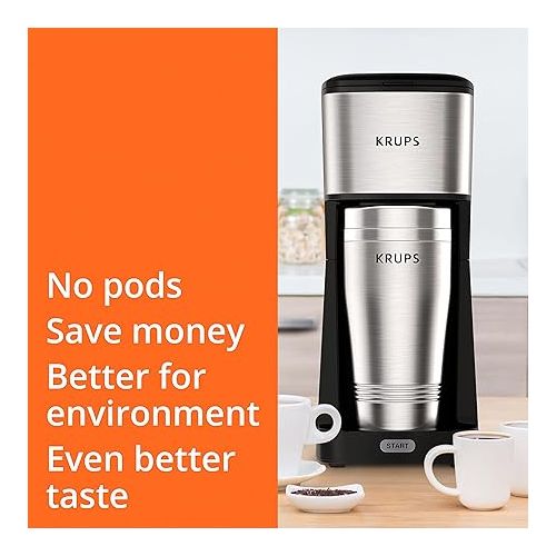  Krups Simply Brew Stainless Steel Single Serve Drip Coffee Maker amd Travel Tumbler 12 Ounce Stainless Steel Tumbler Included 650 Watts Coffee Filter, Compact Silver and Black