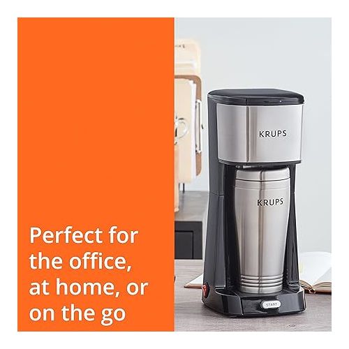  Krups Simply Brew Stainless Steel Single Serve Drip Coffee Maker amd Travel Tumbler 12 Ounce Stainless Steel Tumbler Included 650 Watts Coffee Filter, Compact Silver and Black