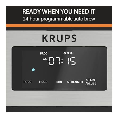  KRUPS Simply Brew Stainless Steel and Glass Carafe Drip Coffee Maker 14 Cup Programmable, Customizable, Digital Display, Warming Function Coffee Filter, Dishwasher Safe, Drip Free Silver and Black