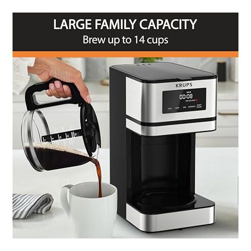  KRUPS Simply Brew Stainless Steel and Glass Carafe Drip Coffee Maker 14 Cup Programmable, Customizable, Digital Display, Warming Function Coffee Filter, Dishwasher Safe, Drip Free Silver and Black