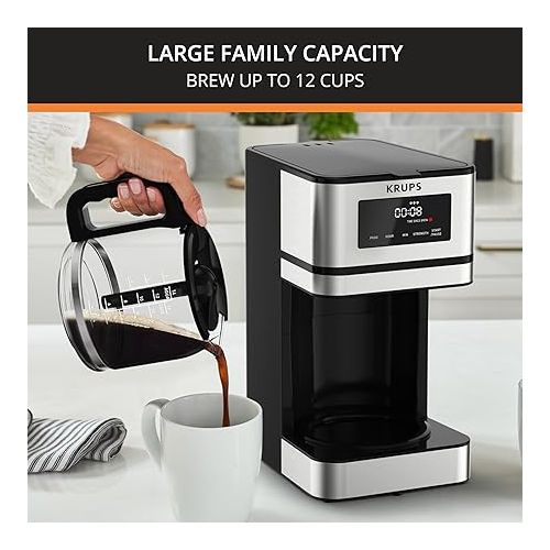  KRUPS Coffee Maker, Simply Brew: Stainless Steel and Glass Carafe 12 Cup Drip Coffee Machine, Programmable with Digital Display, Dishwasher Safe, Drip Free Coffee Maker, Black and Silver