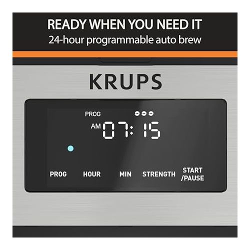  Krups Simply Brew Stainless Steel and Thermal Carafe Drip Coffee Maker 14 Cup Programmable, Customizable, Digital Display, Insulated Coffee Filter, Dishwasher Safe, Drip Free Silver and Black