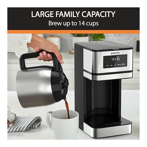  Krups Simply Brew Stainless Steel and Thermal Carafe Drip Coffee Maker 14 Cup Programmable, Customizable, Digital Display, Insulated Coffee Filter, Dishwasher Safe, Drip Free Silver and Black