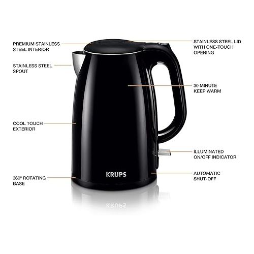  Krups, Electric Kettle, Cool Touch Stainless Steel Interior 1.5 Liter 1500 Watts Fast Boiling, one cup in 80 seconds, Double Wall, Fast Boiling, Auto Off, Keep Warm, Cordless Black