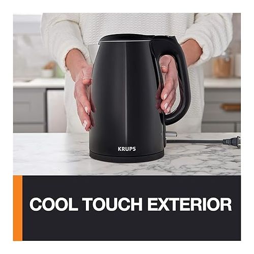  Krups, Electric Kettle, Cool Touch Stainless Steel Interior 1.5 Liter 1500 Watts Fast Boiling, one cup in 80 seconds, Double Wall, Fast Boiling, Auto Off, Keep Warm, Cordless Black